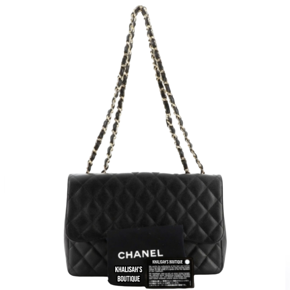 Rare! Chanel CC 24 kt Gold HW Classic Single Flap Bag Quilted BLACK Caviar JUMBO - Picture 10 of 16